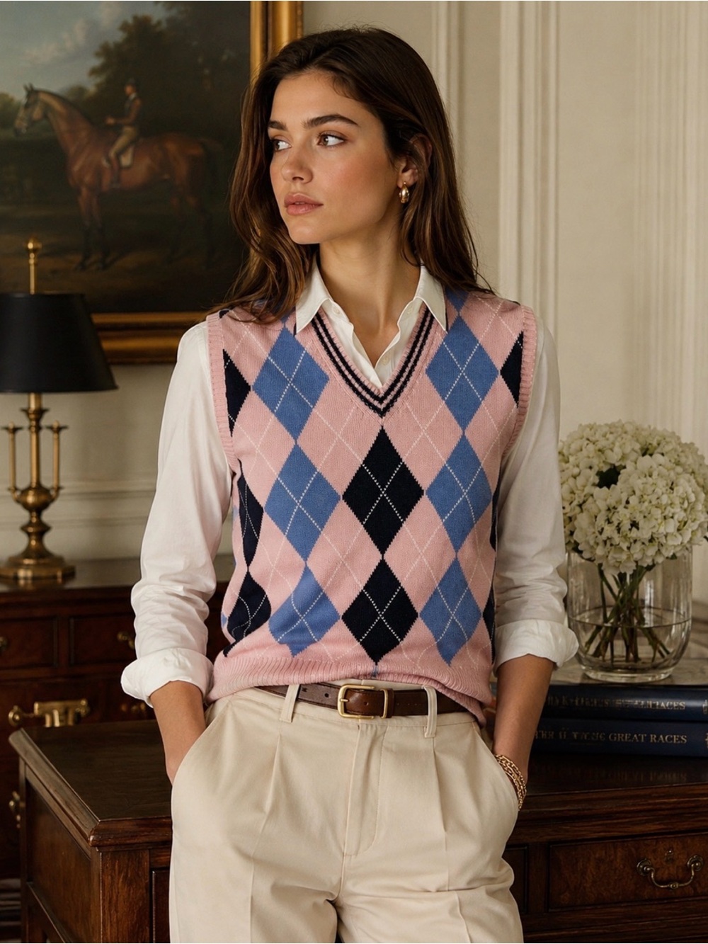 Brooks Brothers Women’s Pink Argyle Sweater Vest Cotton M Preppy Golf TennisPrep